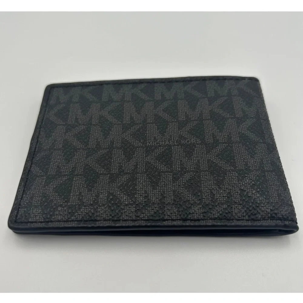 Michael Kors Mens Bifold Wallet Black Grey Signature MK Logo Print Slim